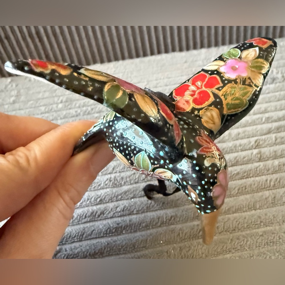 Vintage Multicolor Floral Bird Ornament Cloisonné Black Christmas
